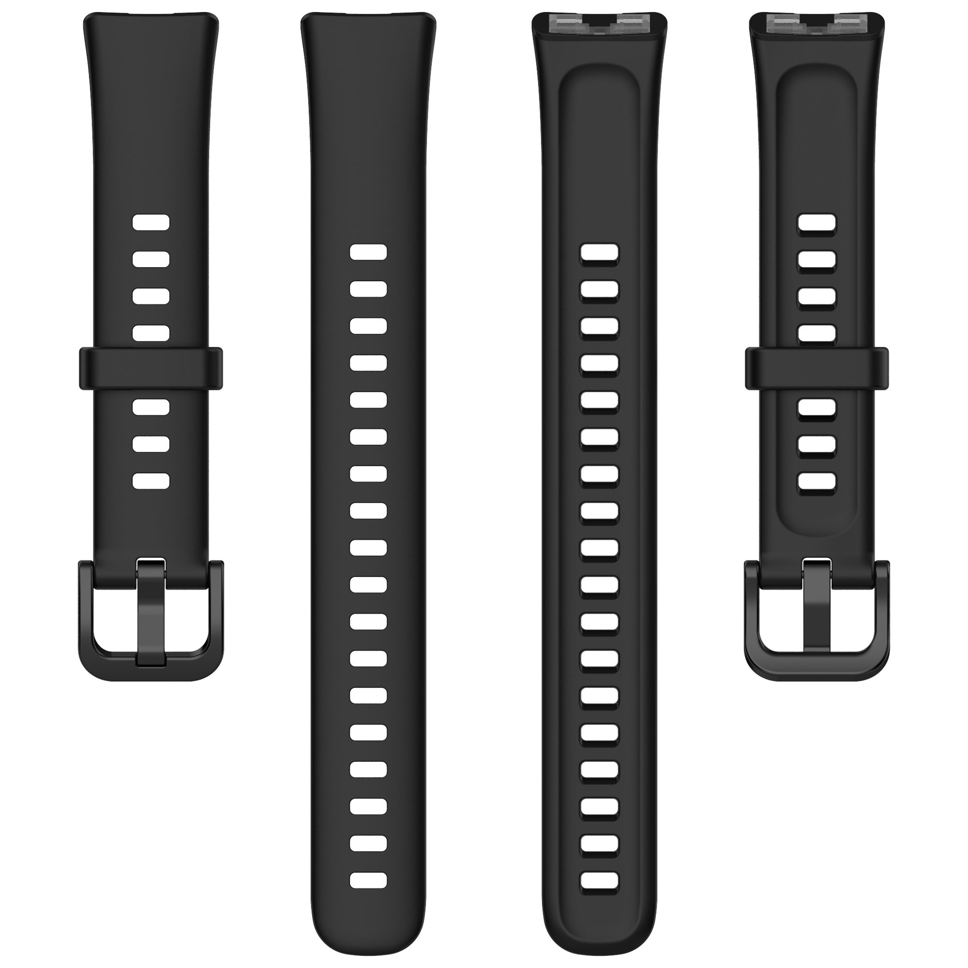 Vier schwarze Uhrenarmbänder. Jedes hat eine Schnalle und mehrere Einstelllöcher.
