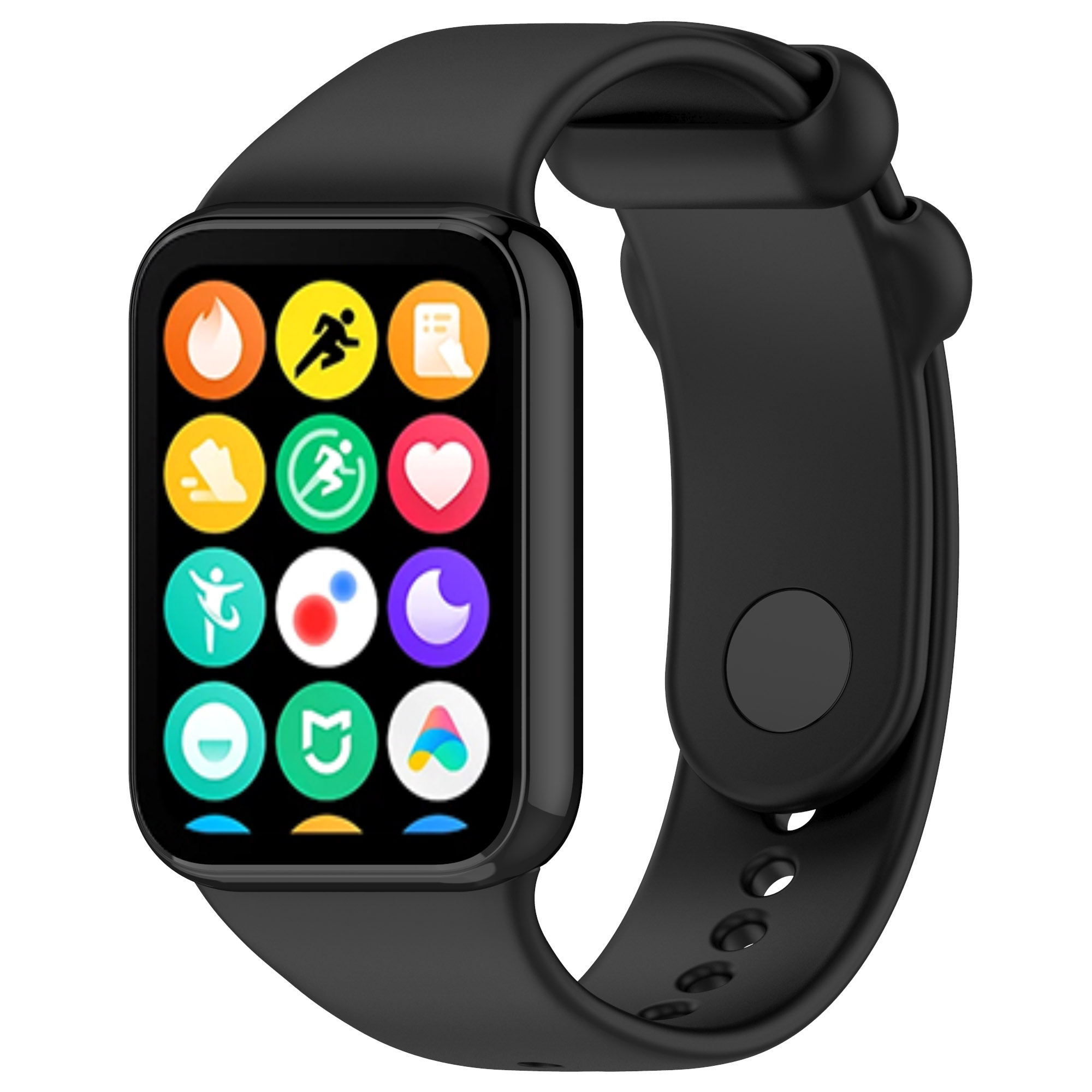 Schwarze Smartwatch mit Farbsymbolen auf dem Bildschirm. Schwarzes Armband. Symbole für Aktivität, Herz und Mond.