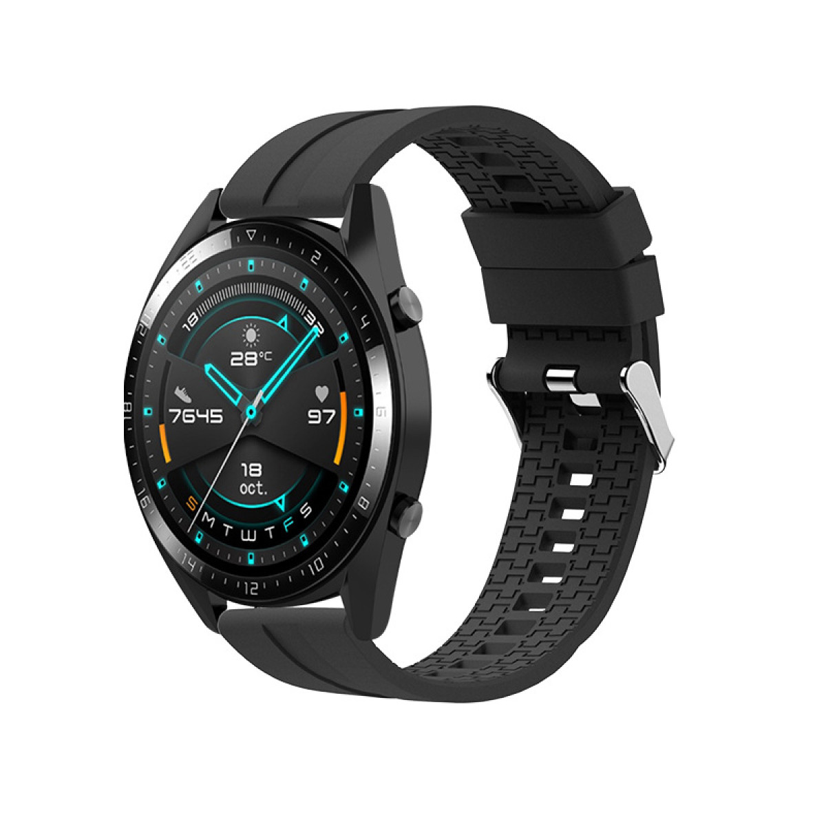 Smartwatch nero con cinturino nero, mostra ora e dati sanitari.