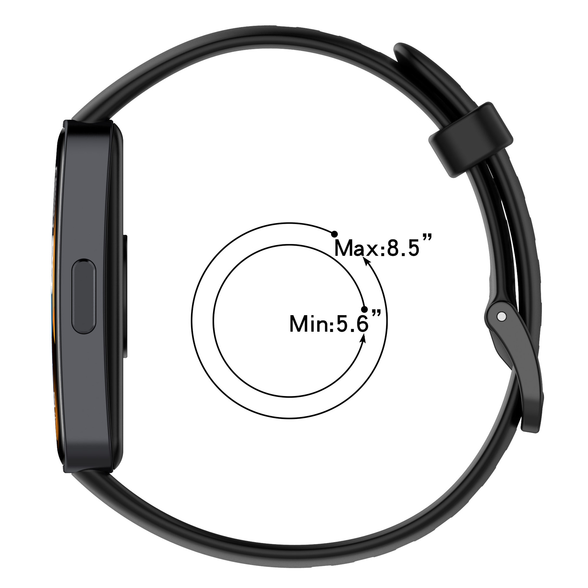 Schwarze Smartwatch mit schwarzem Armband, Größenangaben.
