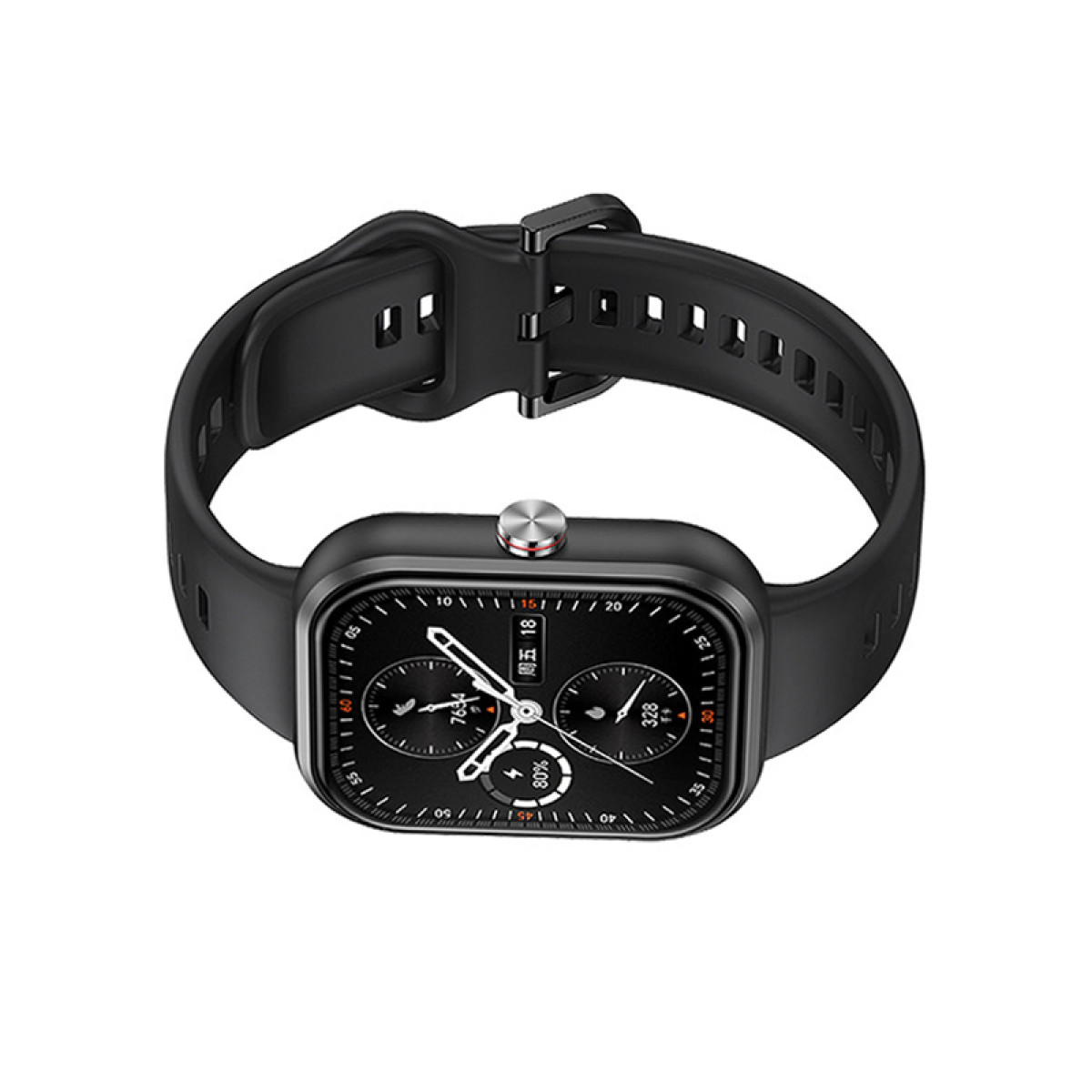 Smartwatch nero con cinturino nero, che mostra l'ora e la percentuale di batteria, su sfondo bianco.
