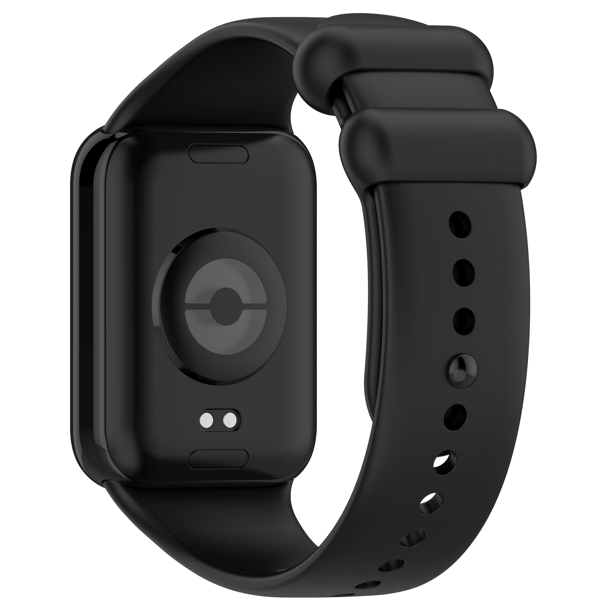 Schwarze Smartwatch mit schwarzem Armband. Es ist die Rückseite der Uhr, und das Armband hat Löcher.
