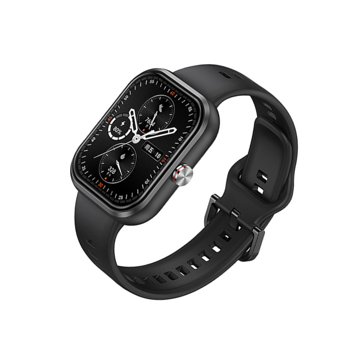 Uno smartwatch nero con quadrante quadrato, che mostra metriche di tempo e attività.