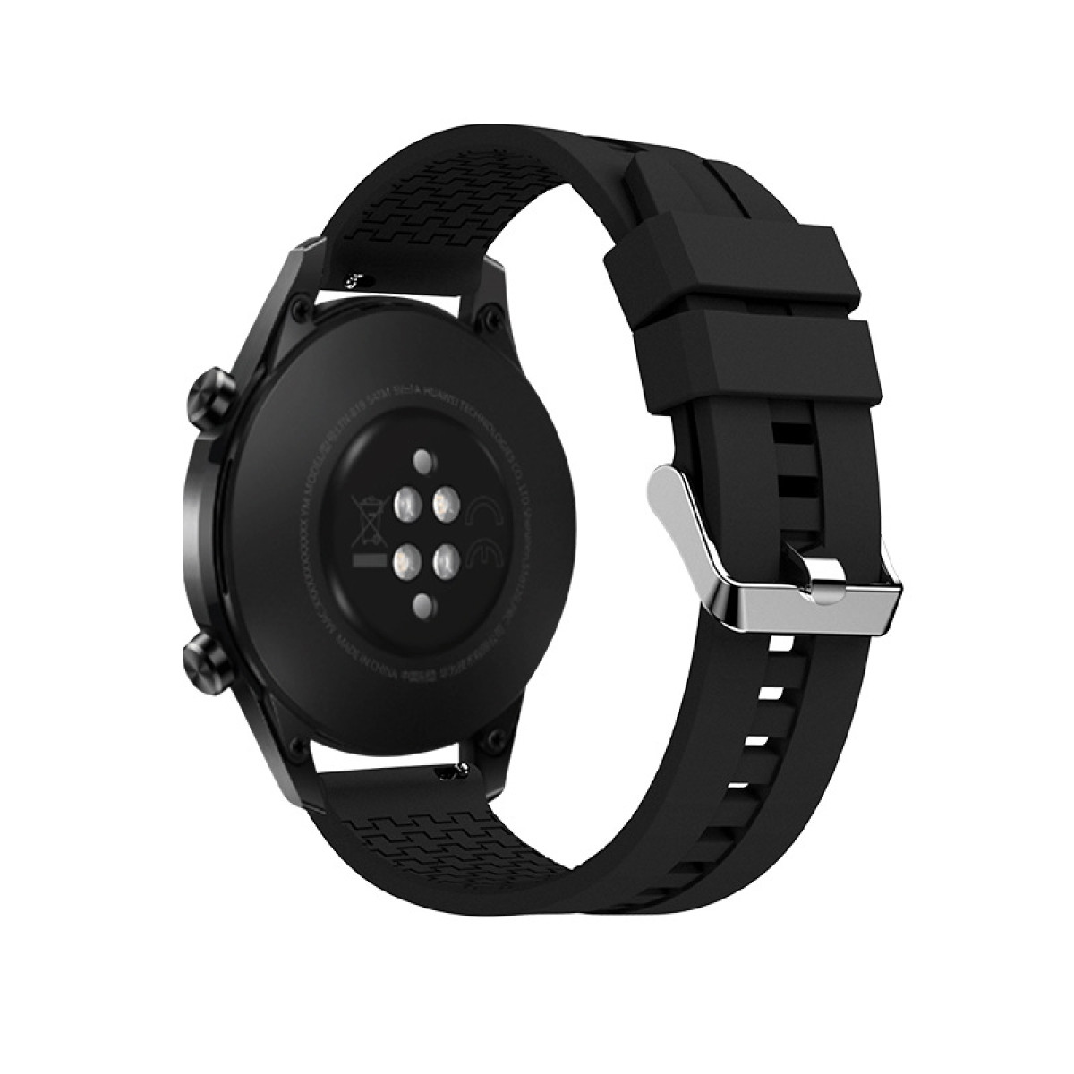 Smartwatch nero su superficie bianca. Cinturino nero, corpo nero con due pulsanti e fibbia argentata.