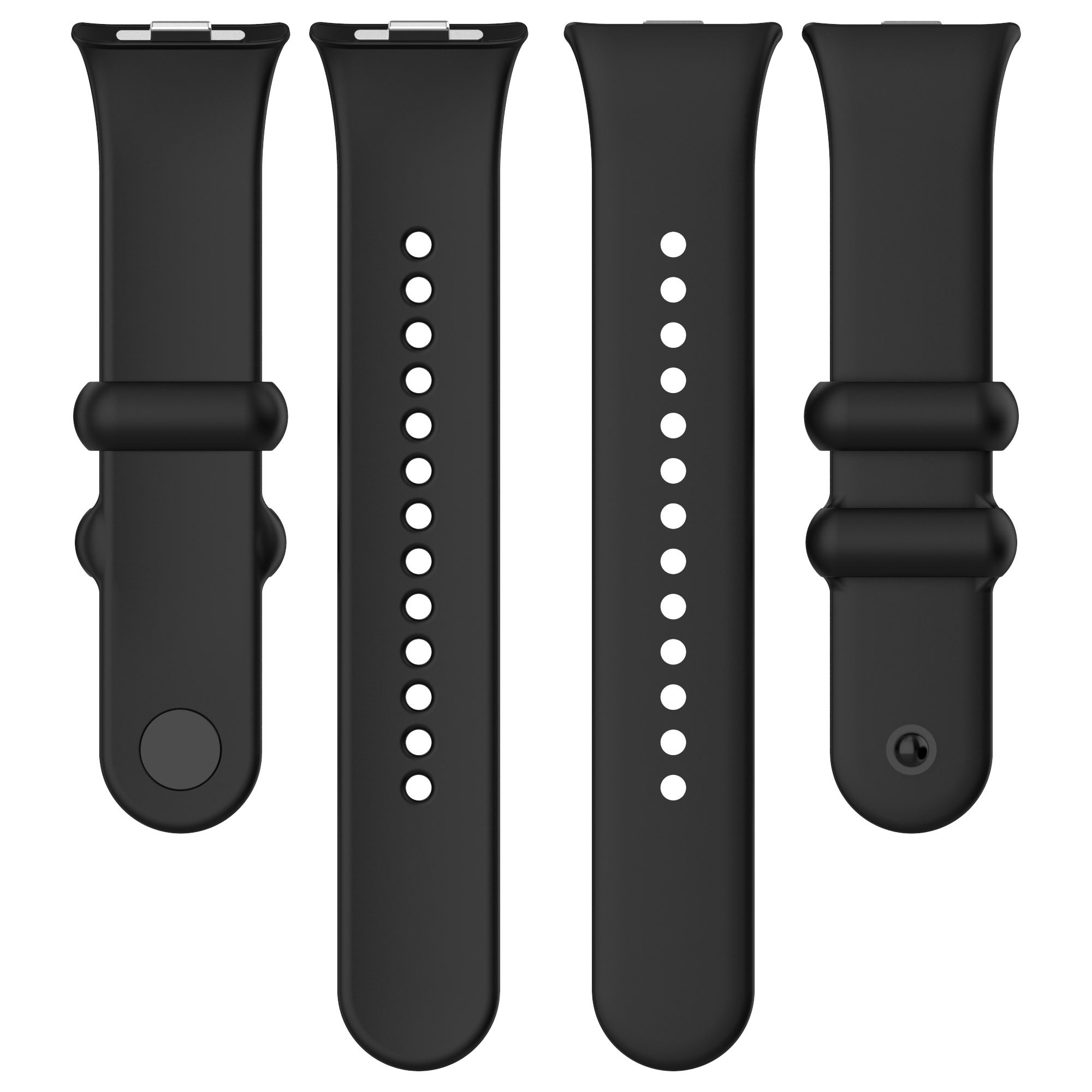 Vier schwarze Uhrenarmbänder mit unterschiedlichen Designs, nebeneinander, mit einem Knopf an einem Ende.