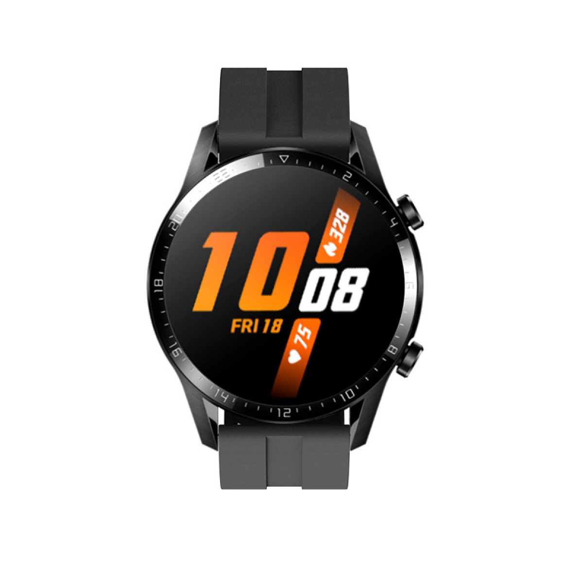 Smartwatch nero che mostra ora e statistiche, vista angolata, su sfondo bianco.