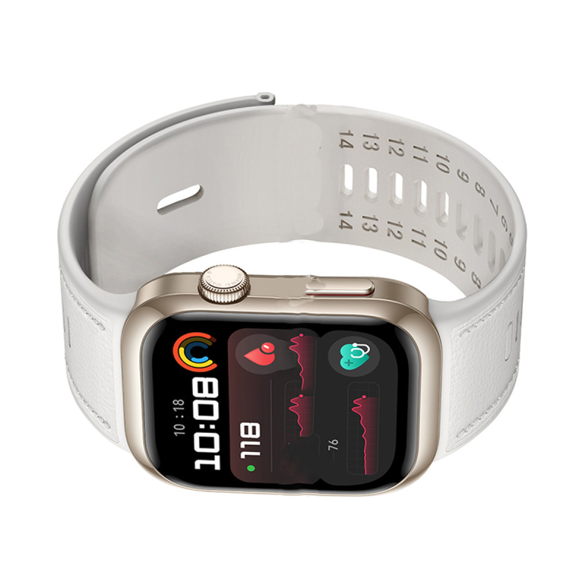 Smartwatch mit goldenem Gehäuse und weißem Armband. Bildschirm zeigt Gesundheitsdaten.