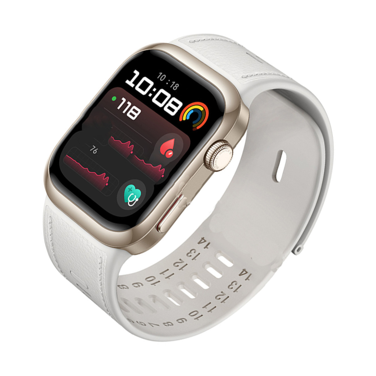 Eine Smartwatch mit weißem Armband. Der Bildschirm zeigt Zeit, Herzfrequenz und andere Daten.