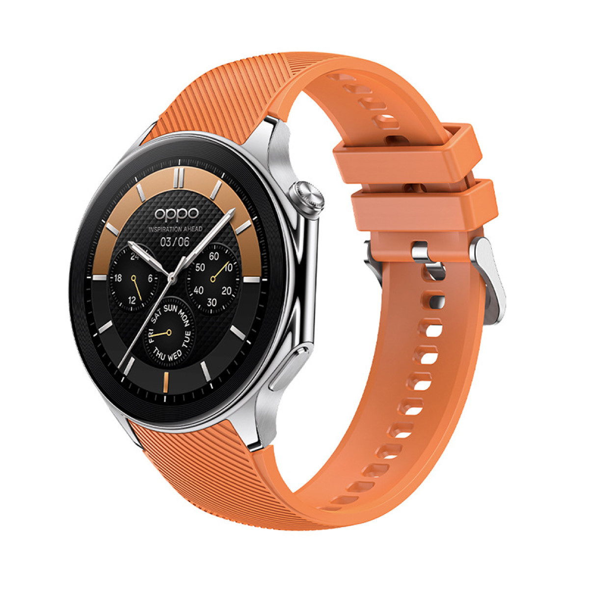 Orangefarbene Smartwatch mit silbernem Gehäuse und passendem orangefarbenem Armband.