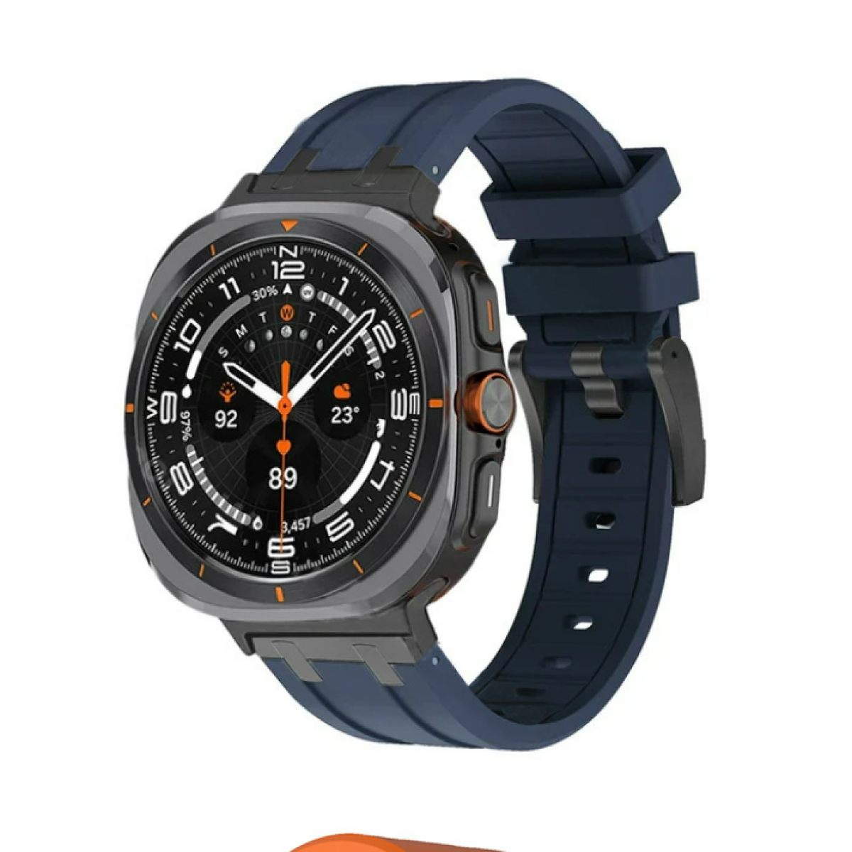 Smartwatch con cinturino blu. L'orologio è nero e grigio e ha un display digitale.