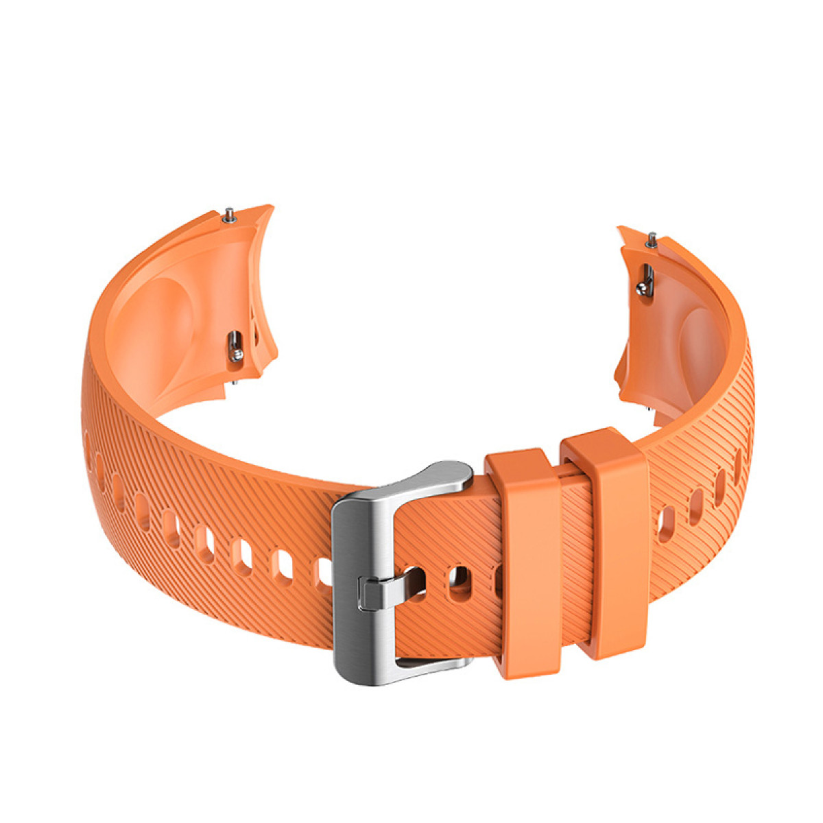 Orangenes Uhrenarmband mit silberner Schnalle, isoliert auf weißem Hintergrund.