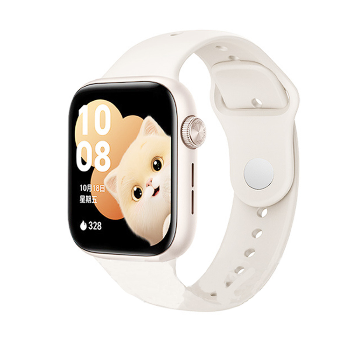Eine weiße Smartwatch mit einem Katzen-Gesicht auf dem Bildschirm und einem weißen Armband.