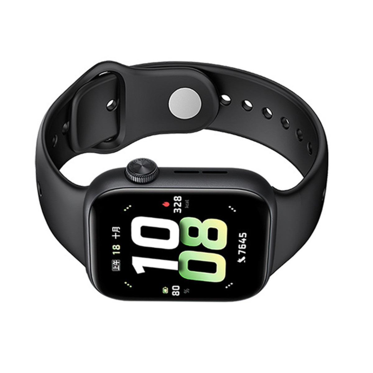 Eine schwarze Smartwatch mit schwarzem Band, die Zeit und Aktivitätsdaten auf dem Bildschirm zeigt.