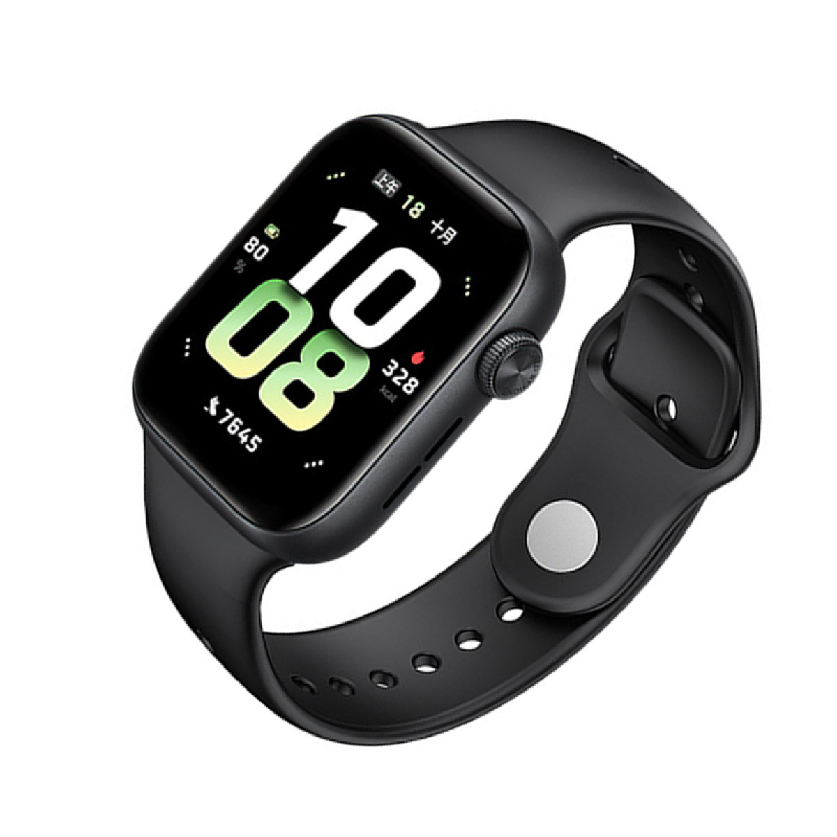 Schwarze Smartwatch mit Zeit und Statistiken. Schwarzes Armband und ein schwarzer Knopf.