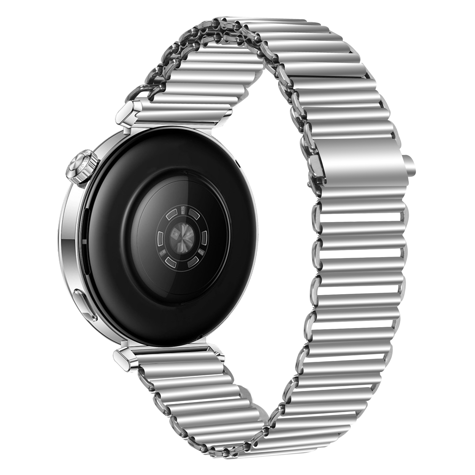 Uno smartwatch argentato con cinturino in metallo, visto da dietro, su sfondo bianco.