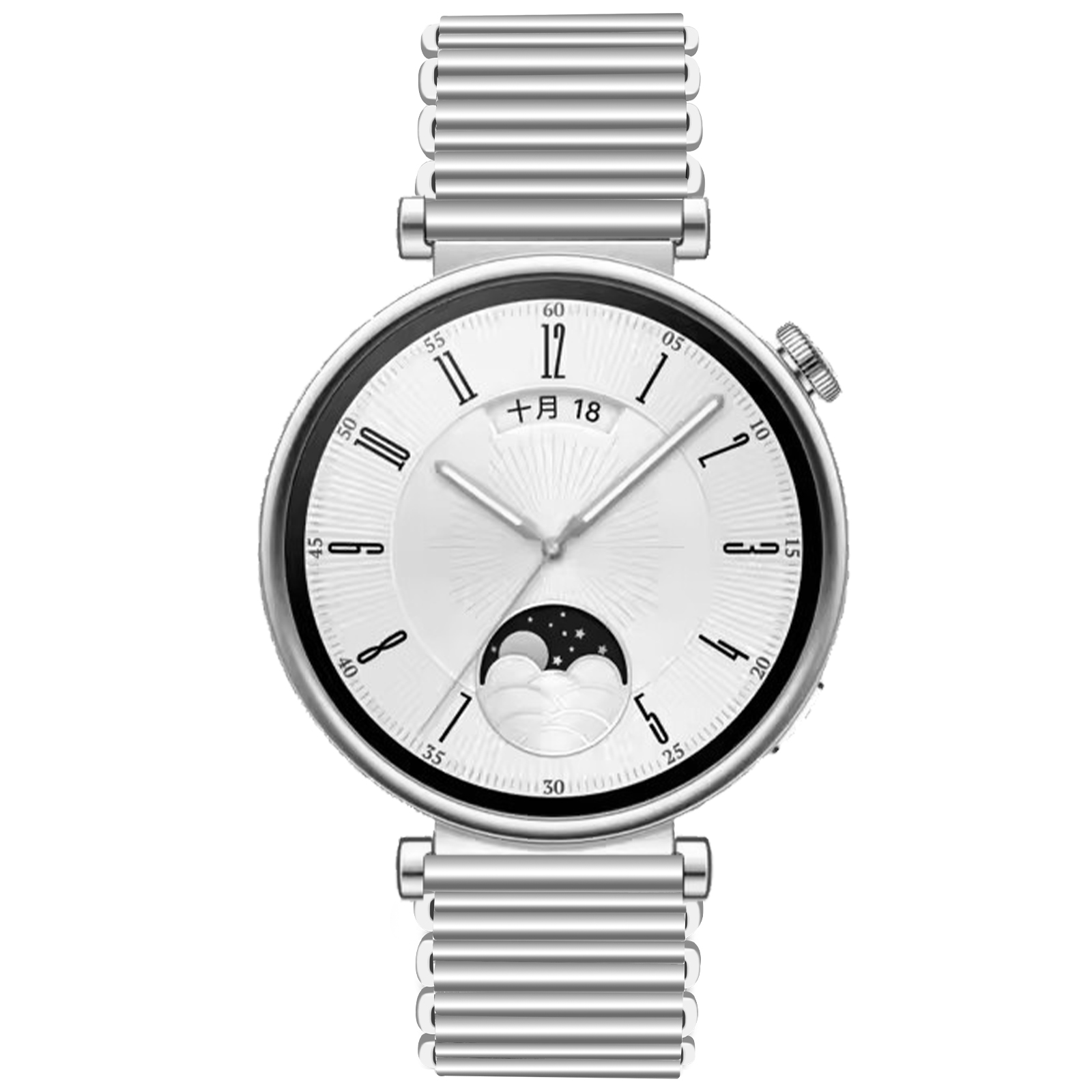 Smartwatch argentato con quadrante bianco che mostra l'ora e la fase lunare.