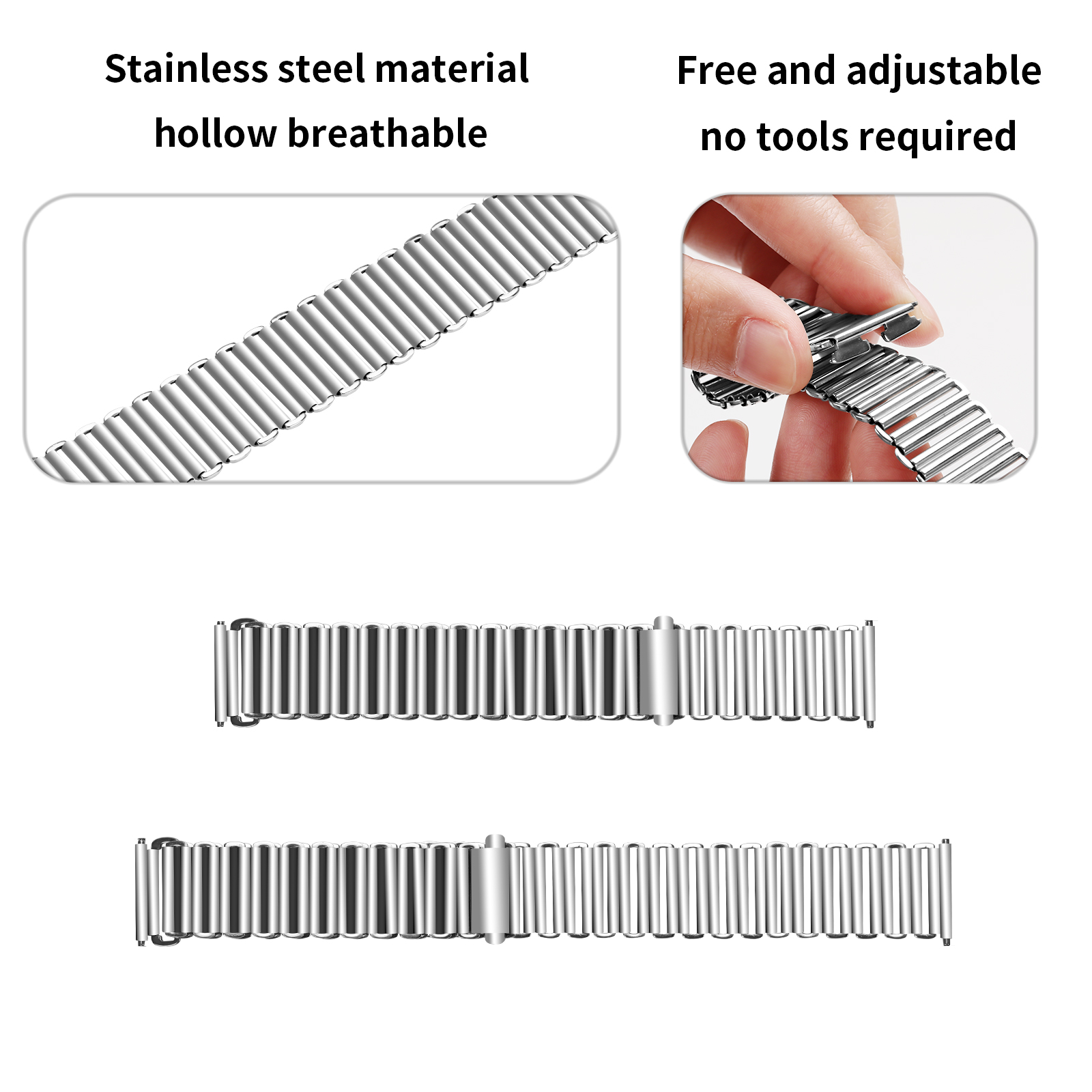 Cinturino argentato. Materiale in acciaio inossidabile, design cavo traspirante. Regolabile.