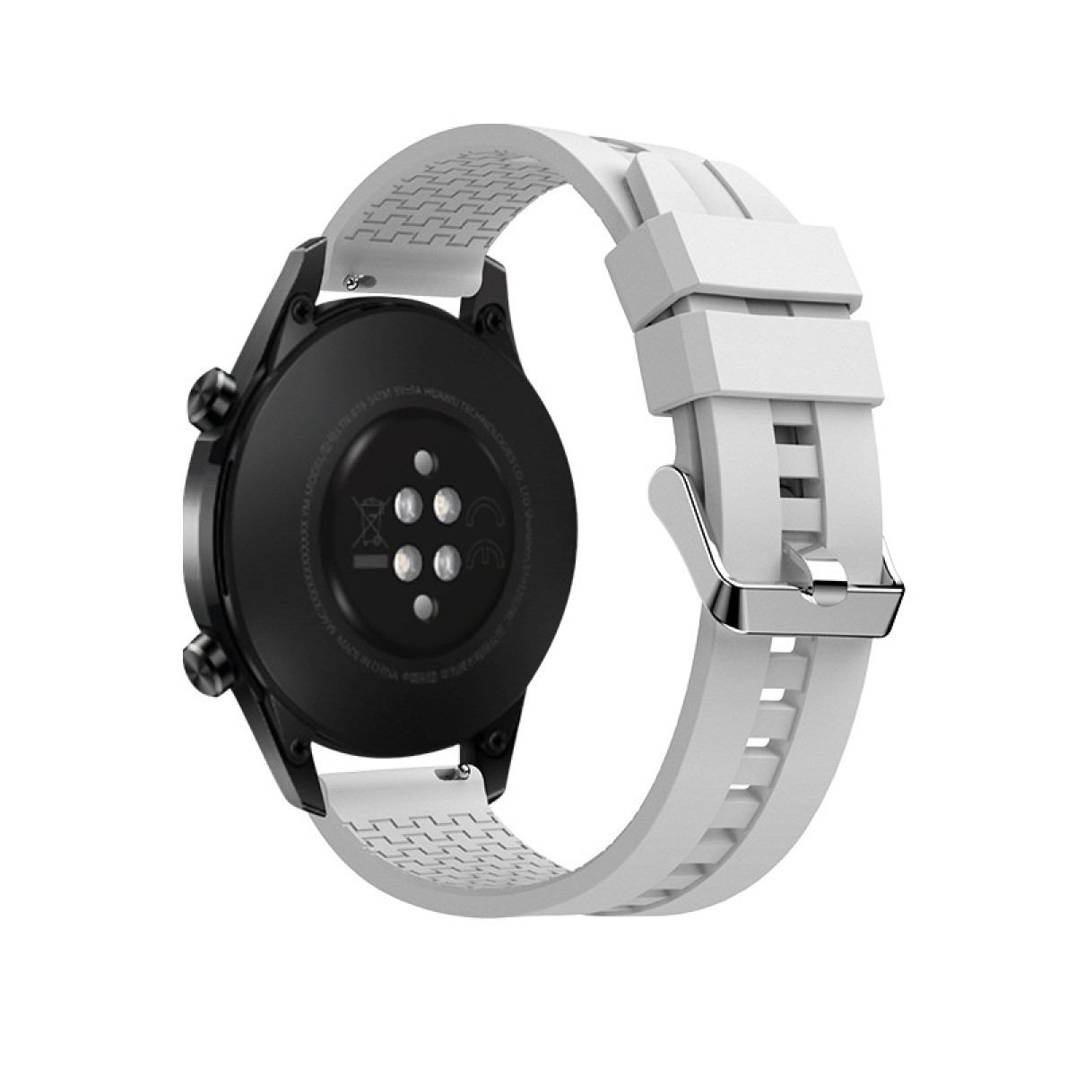 Uno smartwatch nero con cinturino in silicone bianco, visto da dietro.