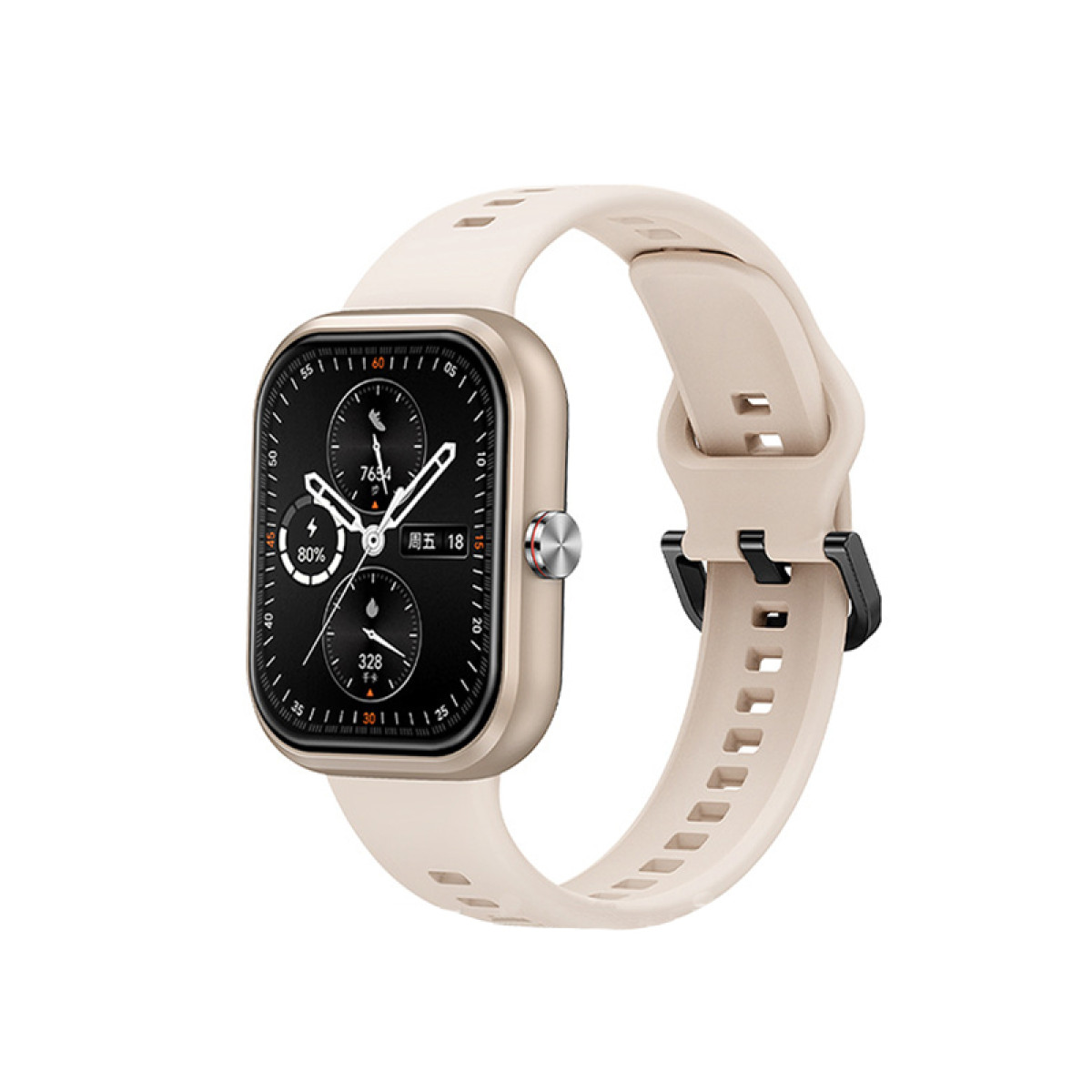 Uno smartwatch rettangolare con un cinturino beige chiaro. Lo schermo mostra l'ora e la batteria.