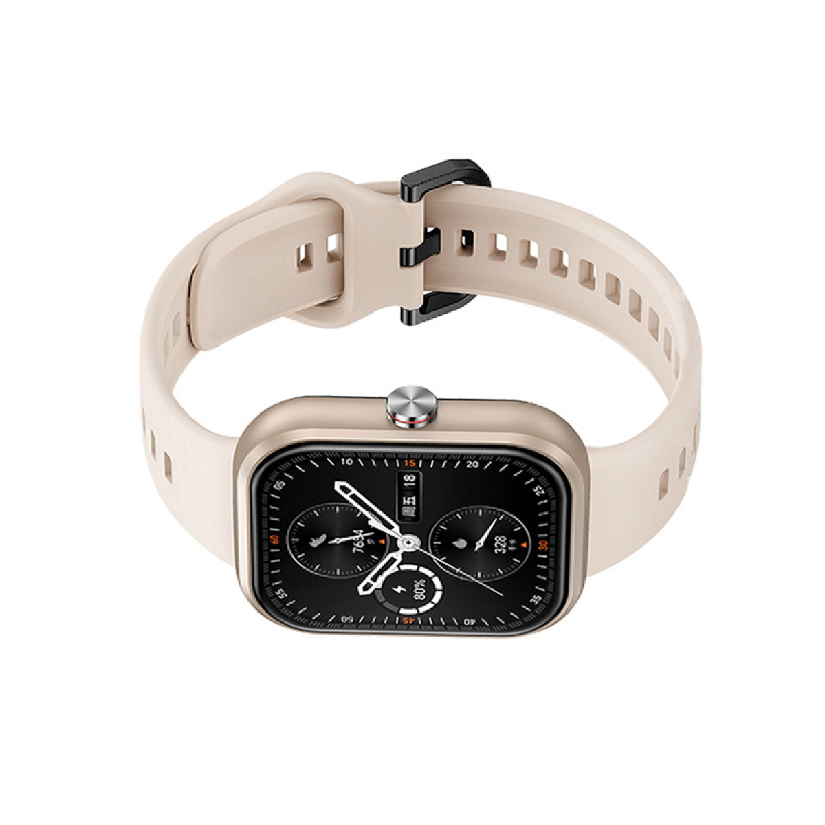 Smartwatch con cinturino beige, quadrante nero, cassa dorata, sfondo bianco.