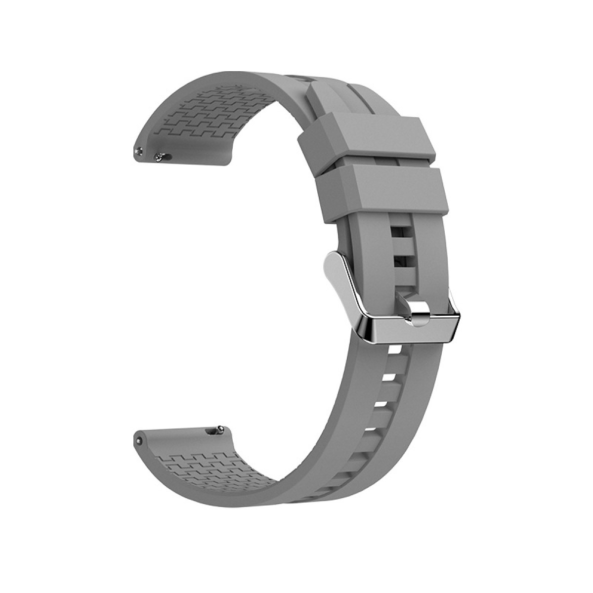 Ein graues Uhrenarmband mit einer silbernen Schnalle.