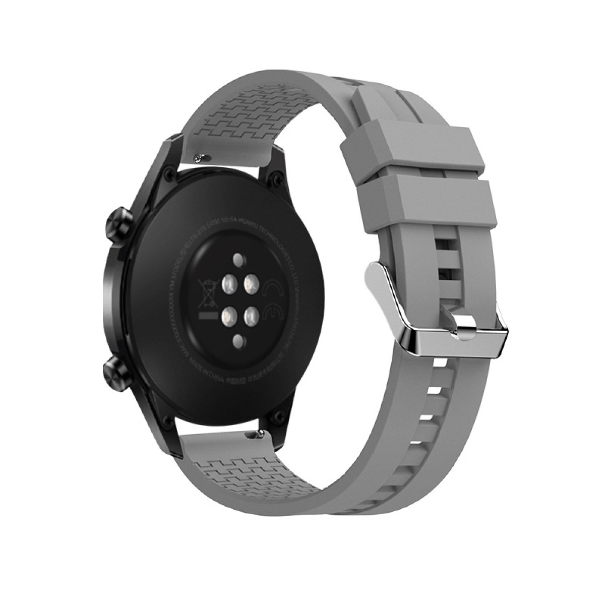 Graue Uhr mit grauem Armband auf weißem Hintergrund, mit silberner Schließe.