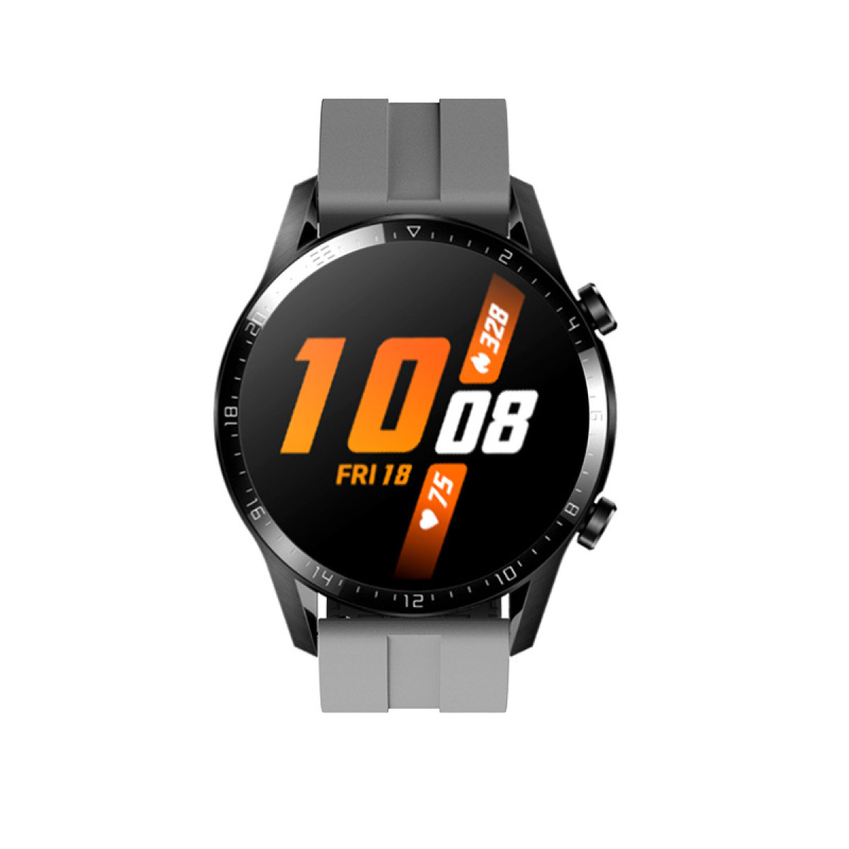 Eine schwarz-graue Smartwatch mit einem schwarzen Bildschirm, der Zeit und Statistiken anzeigt, weißer Hintergrund.