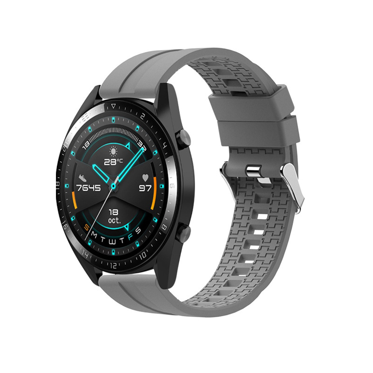 Smartwatch mit grauem Armband. Das Zifferblatt zeigt Datum, Uhrzeit, Wetter und Herzfrequenz.