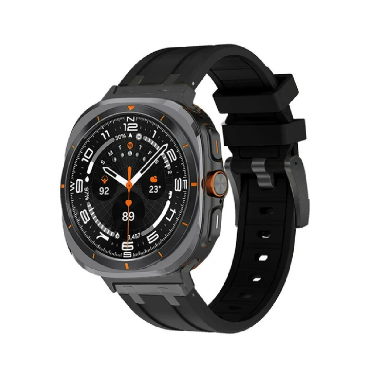 Smartwatch nera e grigia con quadrante rotondo e dettagli arancioni.