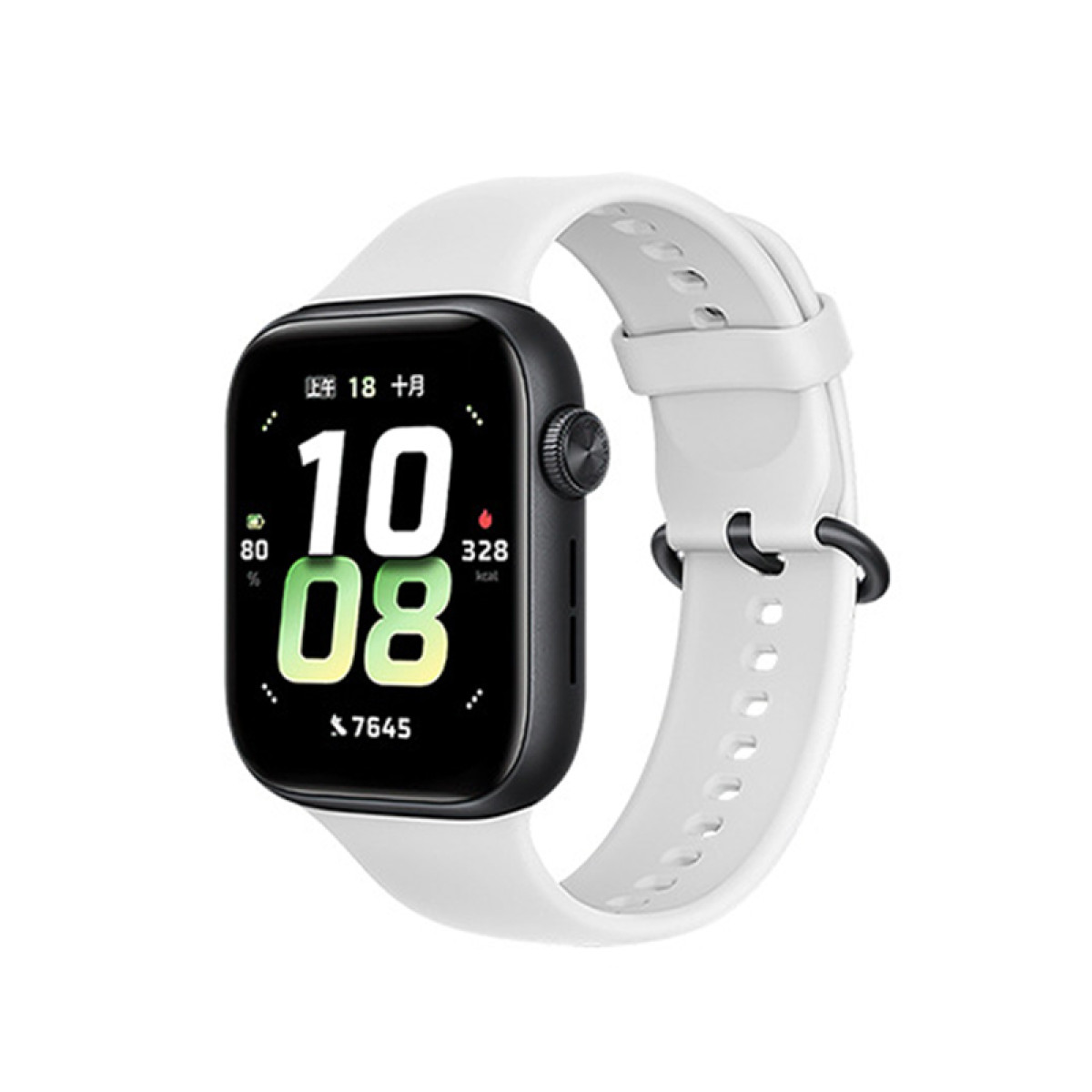 Smartwatch nero con cinturino bianco che mostra tempo e statistiche.