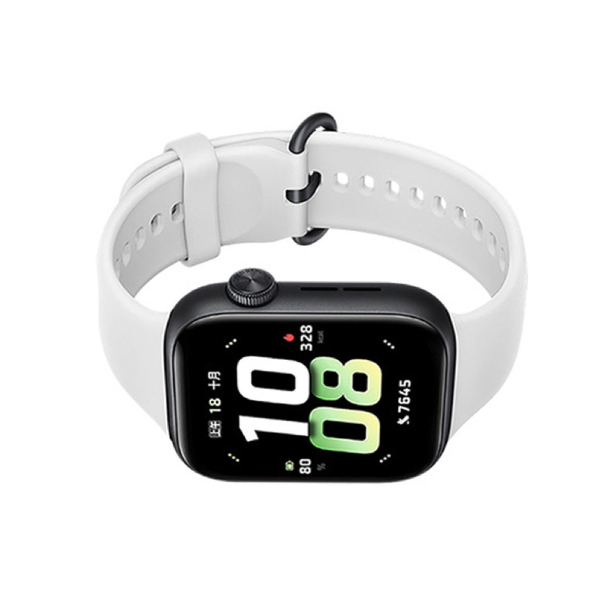 Uno smartwatch nero con cinturino bianco che mostra l'ora e la percentuale di batteria.