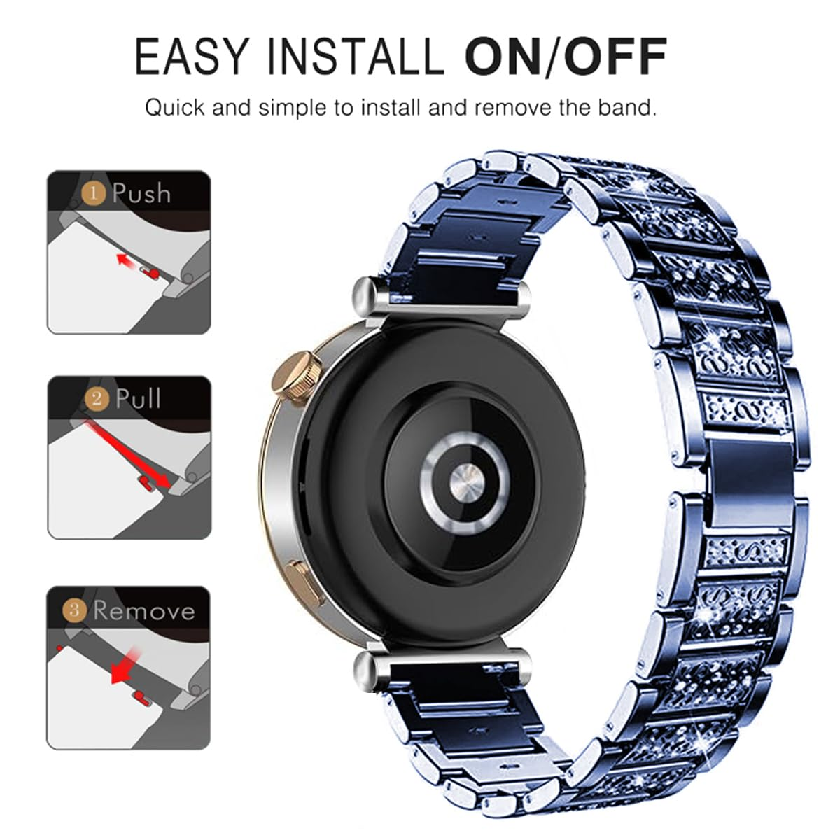 Eine Uhr mit blauem, mit Juwelen besetztem Armband und Anweisungen zum Anbringen/Entfernen des Armbands.