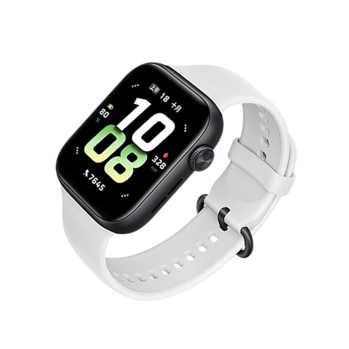 Smartwatch bianco con schermo nero e cinturino bianco. L'ora è visibile.