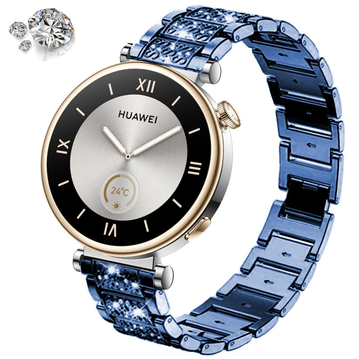 Eine goldene und blaue Smartwatch mit silbernem Zifferblatt und Diamanten.