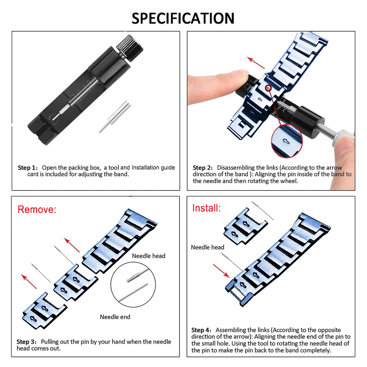 Diagramme zur Anpassung des Uhrenarmbands. Werkzeuge und Schritte zum Zerlegen und Wiederzusammensetzen von Gliedern.