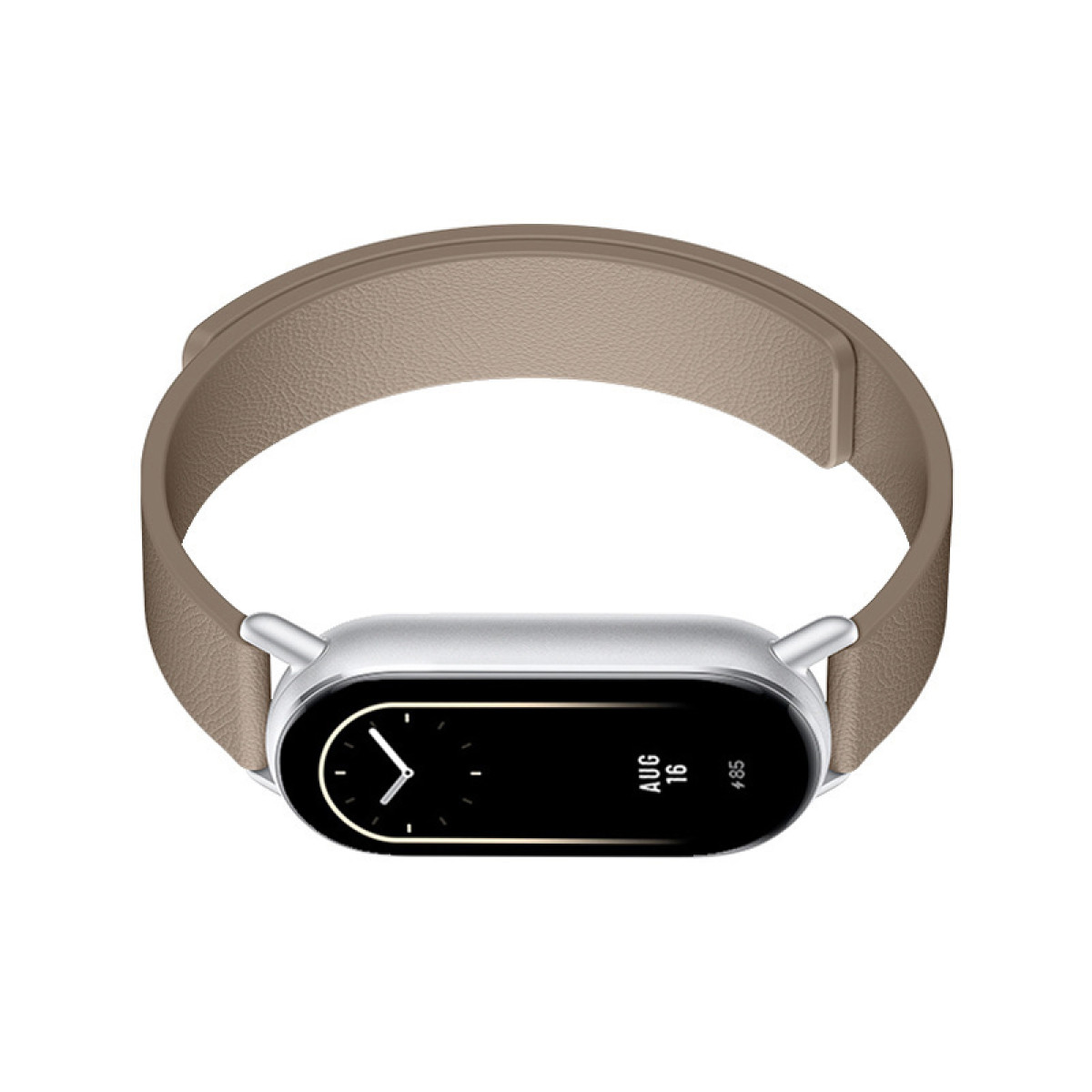 Smartband mit silbernem Zifferblatt und hellbraunem Armband, vor weißem Hintergrund.