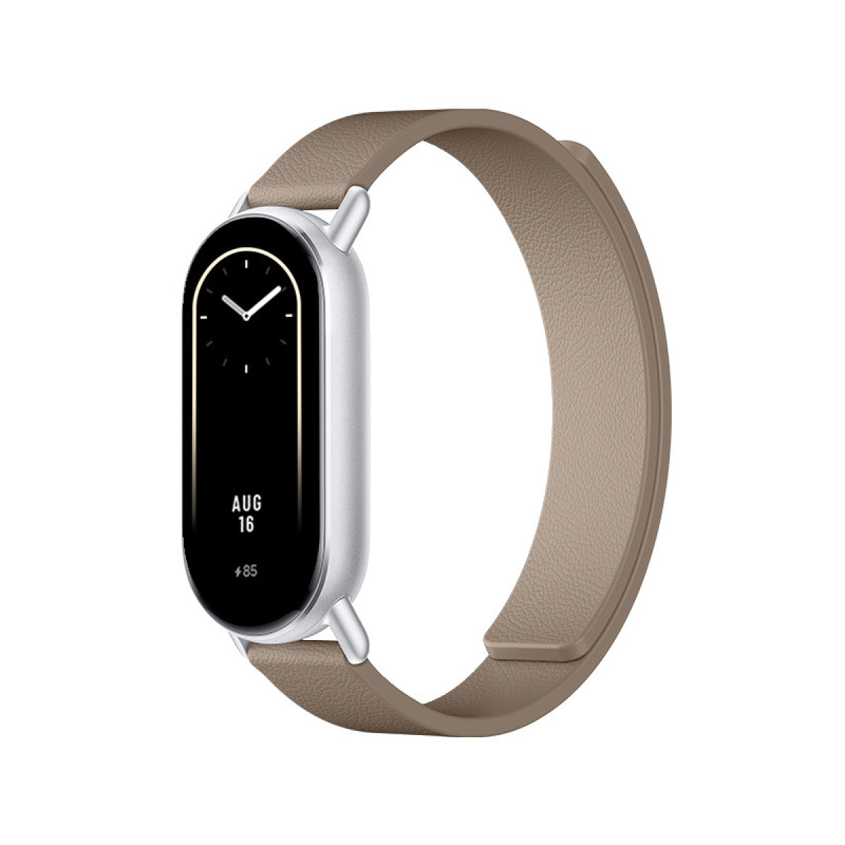 Smartwatch mit silbernem Gehäuse und braunem Band. Der Bildschirm zeigt Datum und Uhrzeit.