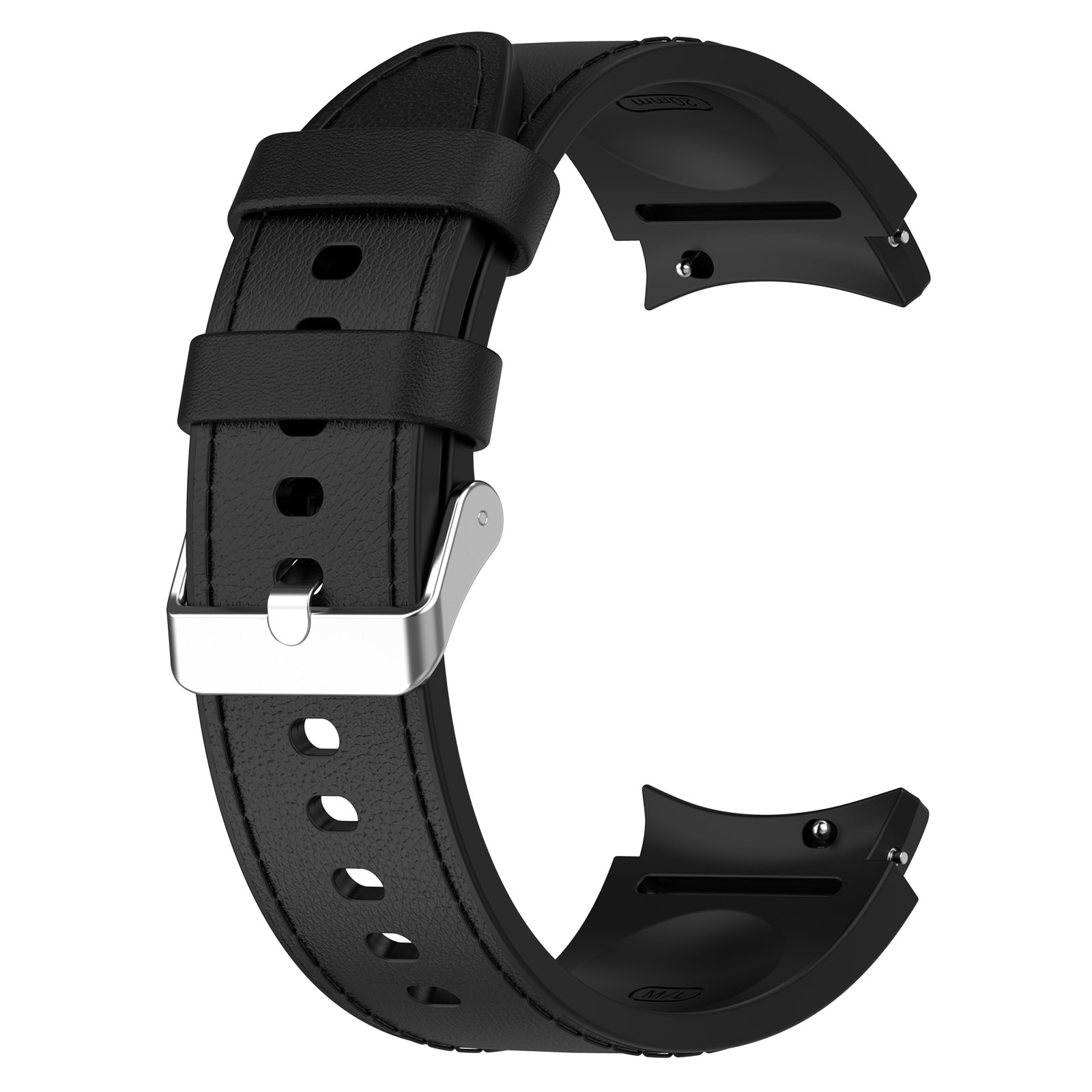 Schwarzes Uhrenarmband mit schwarzem Leder und silberner Schnalle.