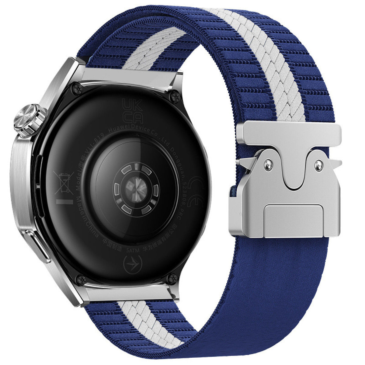 Smartwatch con cinturino a righe blu navy e bianco, fibbia argentata.