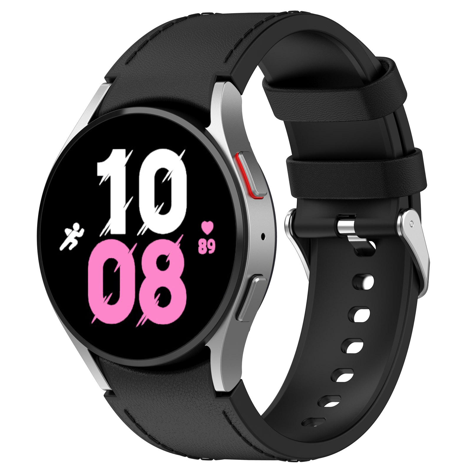 Eine schwarze Smartwatch mit silbernem Rahmen. Der Bildschirm zeigt die Uhrzeit und die Herzfrequenz an. Schwarzes Lederarmband.
