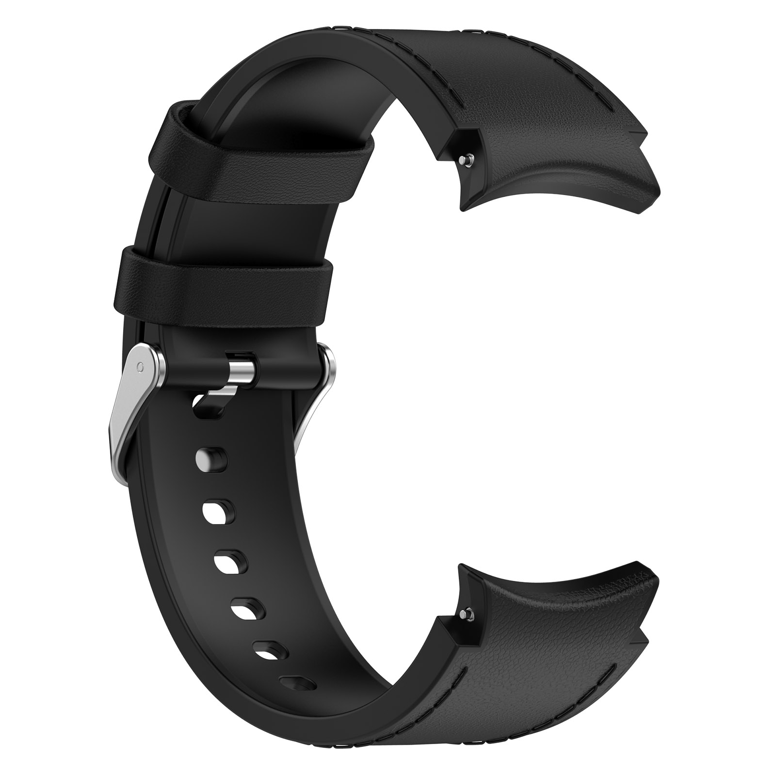 Ein schwarzes Uhrenarmband, ausgelegt. Das Armband hat eine schwarze Lederoptik und eine silberne Schnalle.