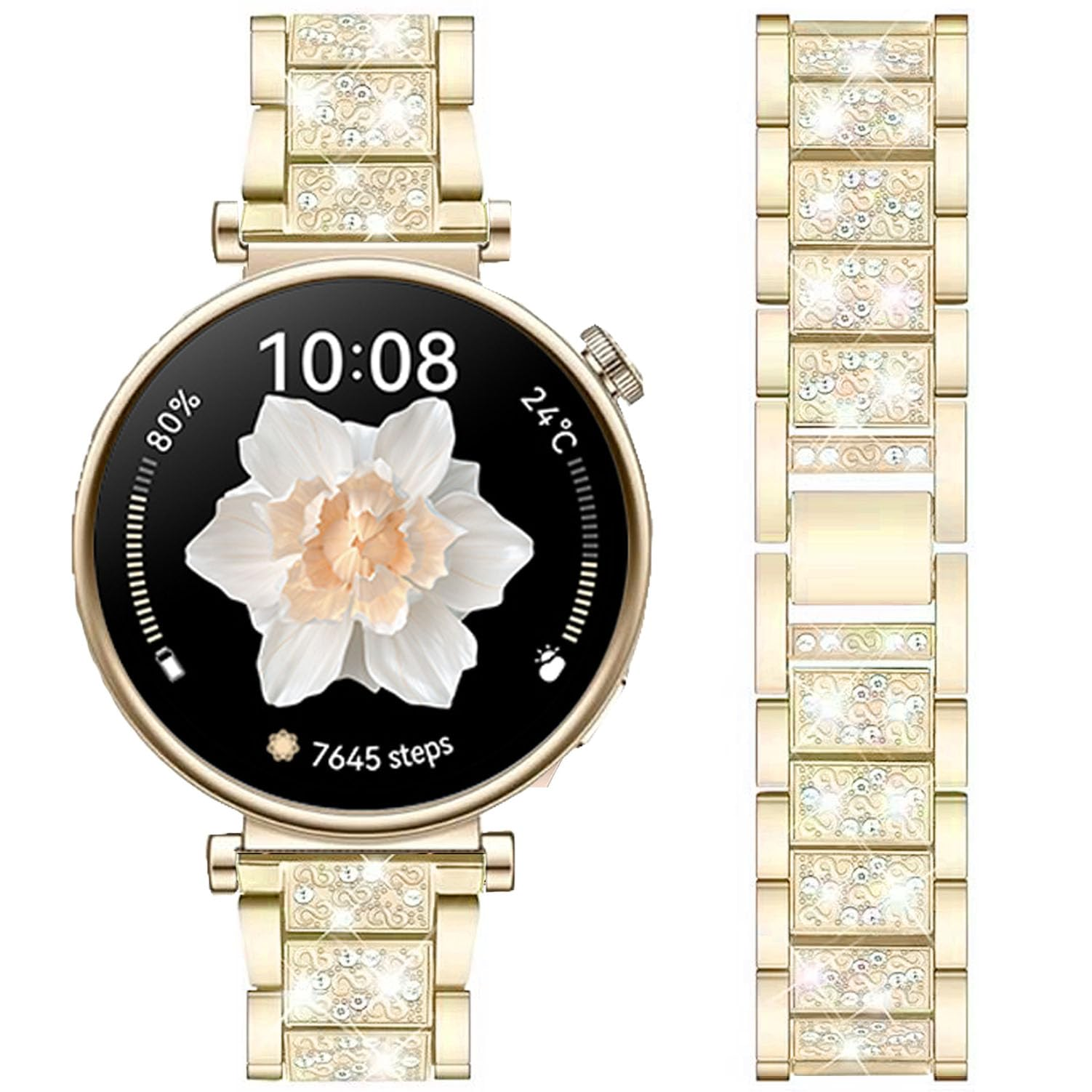 Smartwatch dorato con cinturino dorato. Mostra ora, batteria e passi. Sfondo bianco.