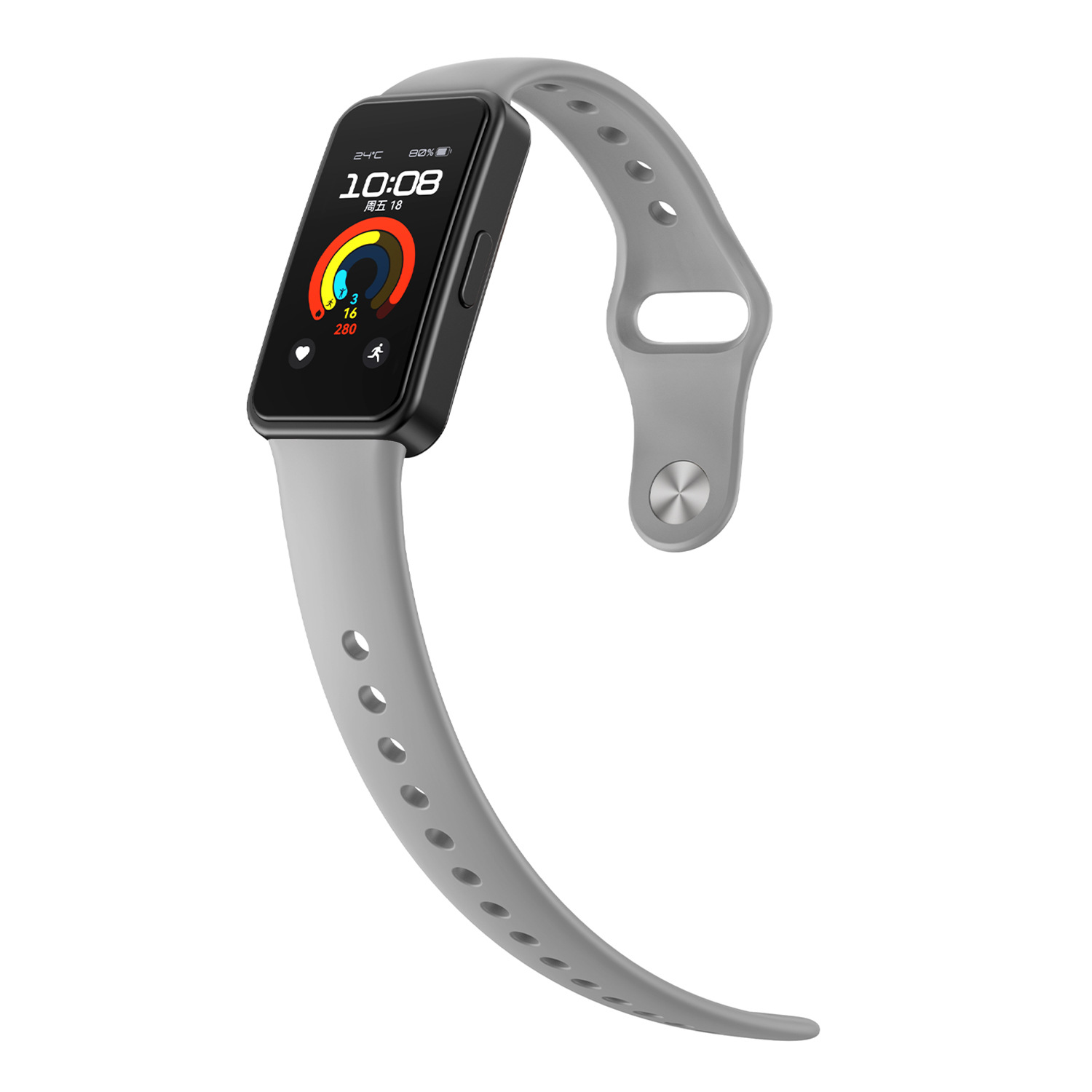 Graue Smartwatch mit schwarzem Bildschirm, zeigt 10:08 und Fitnessgrafik.