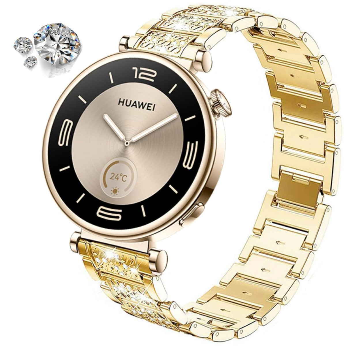 Smartwatch dorato con dettagli di diamanti sul cinturino e tre diamanti fluttuanti sopra.