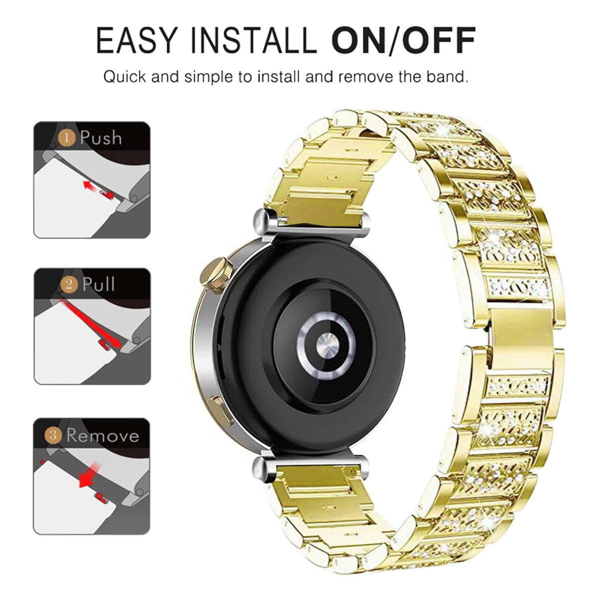 Cinturino dorato con istruzioni: Spingi, Tira, Rimuovi. Orologio con retro nero.