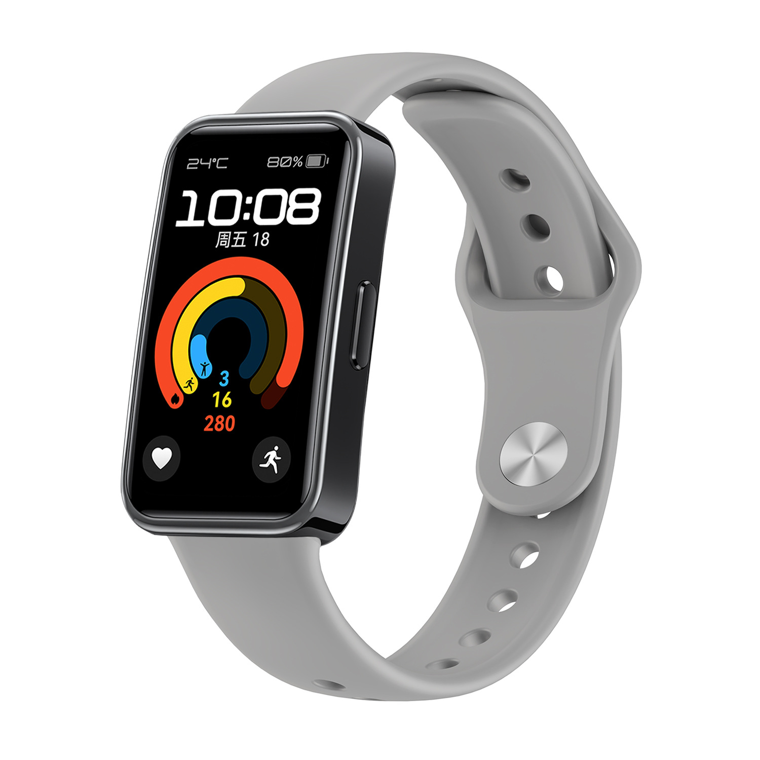 Graue Smartwatch mit grauem Armband, zeigt Zeit und Gesundheitsmetriken.