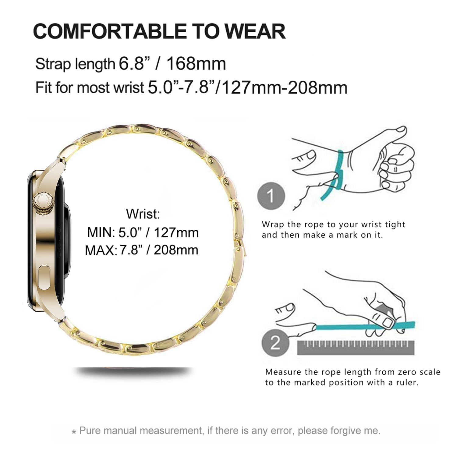 Un orologio d'oro con istruzioni per misurare la dimensione del polso. Include un diagramma e testo.