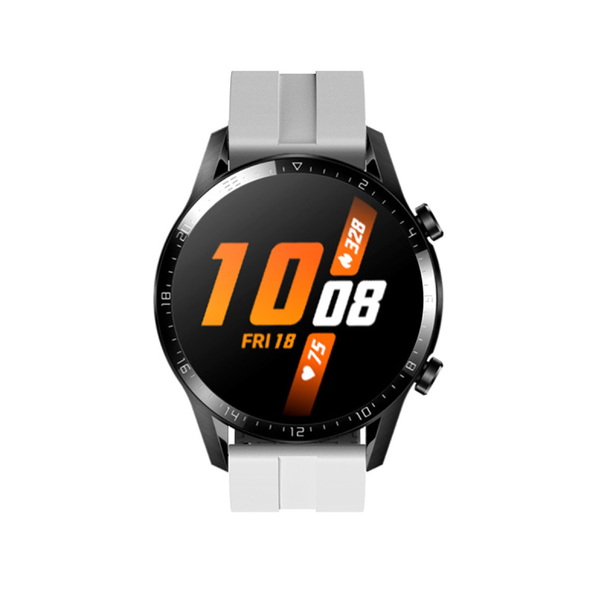 Smartwatch che mostra l'ora, la data, i passi e la frequenza cardiaca, con cinturino bianco e nero.