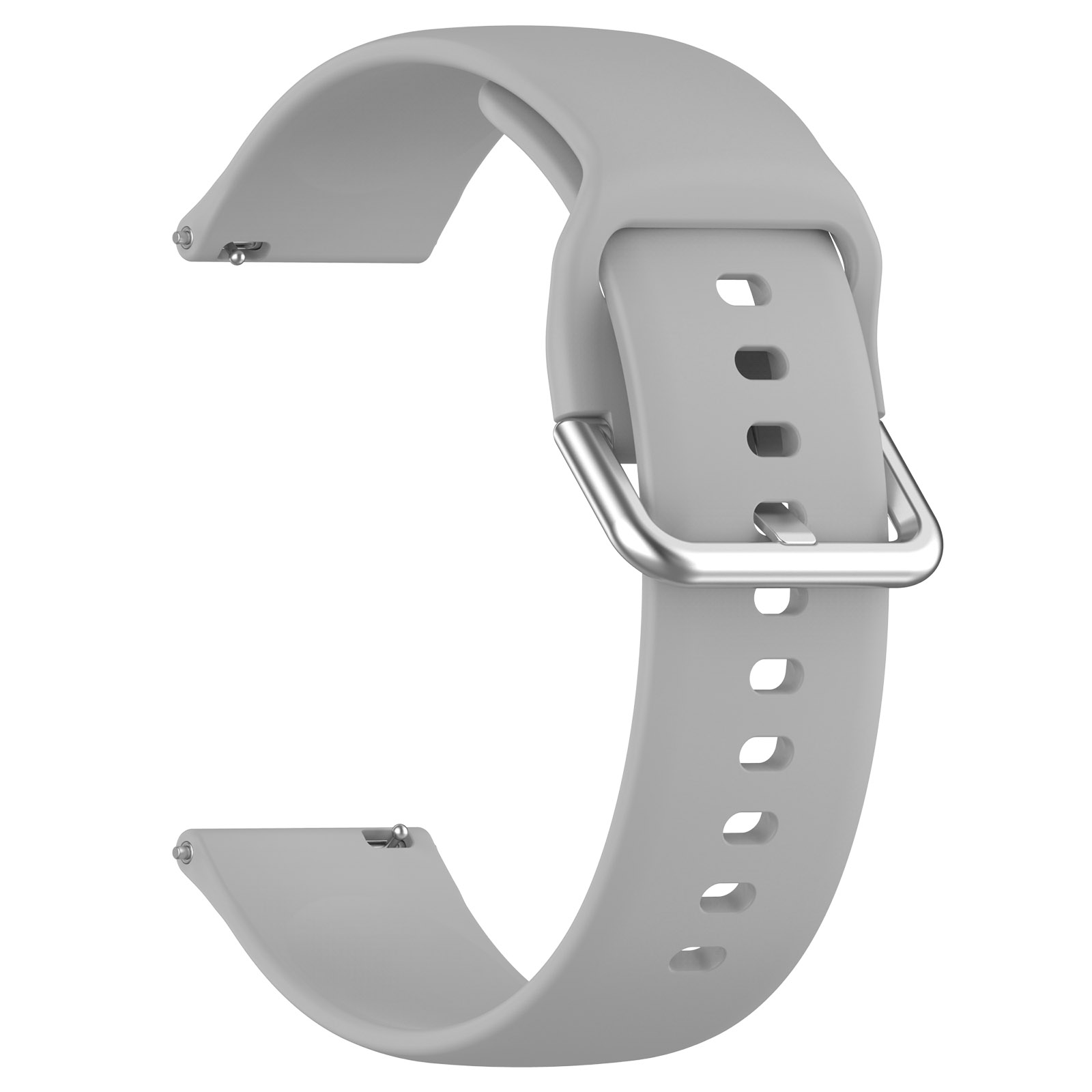 Hellgraues Uhrenarmband mit silberner Schnalle. Armband ist gebogen.