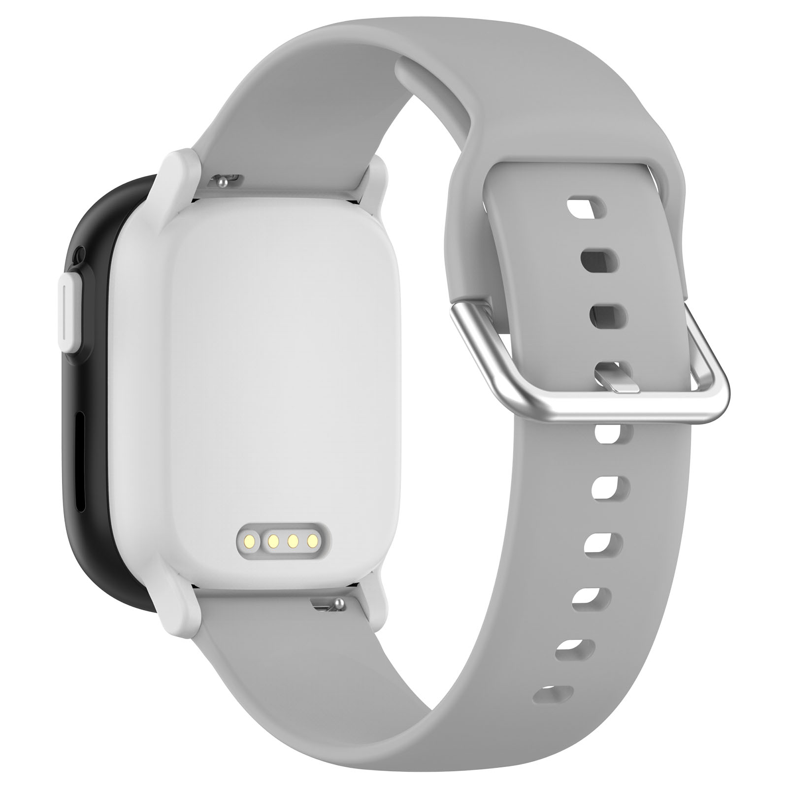 Eine weiße und graue Smartwatch mit grauem Armband. Die Rückseite zeigt Ladekontakte.